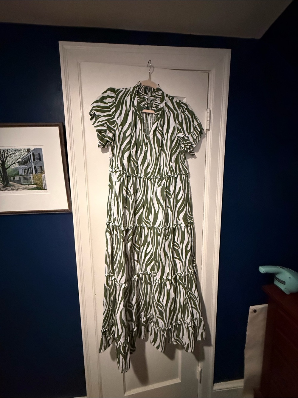 crown & ivy Olive and White Printed Tiered Maxi Dress